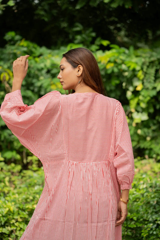 Stripe Hand Block Print Cotton Midi Dress - Boho Summer Sundress with Pockets, Lightweight Artisan Style, Gift for Her Beach Vacation Wear!!