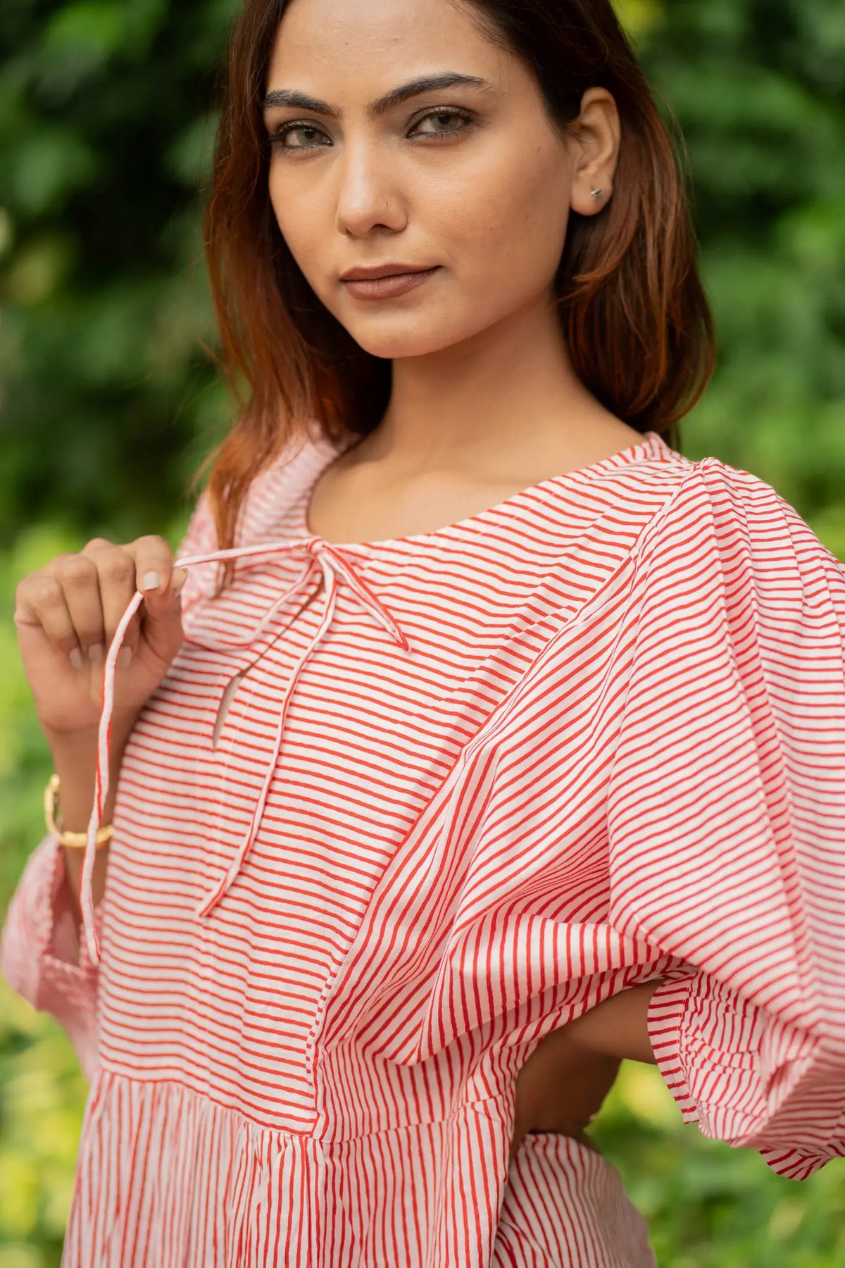Women's block-printed Cotton Midi Dress in striped with pockets