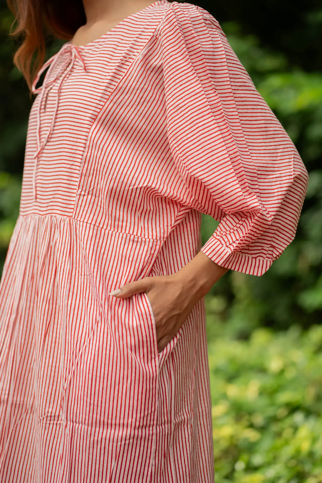 Women's block-printed Cotton Midi Dress in striped with pockets