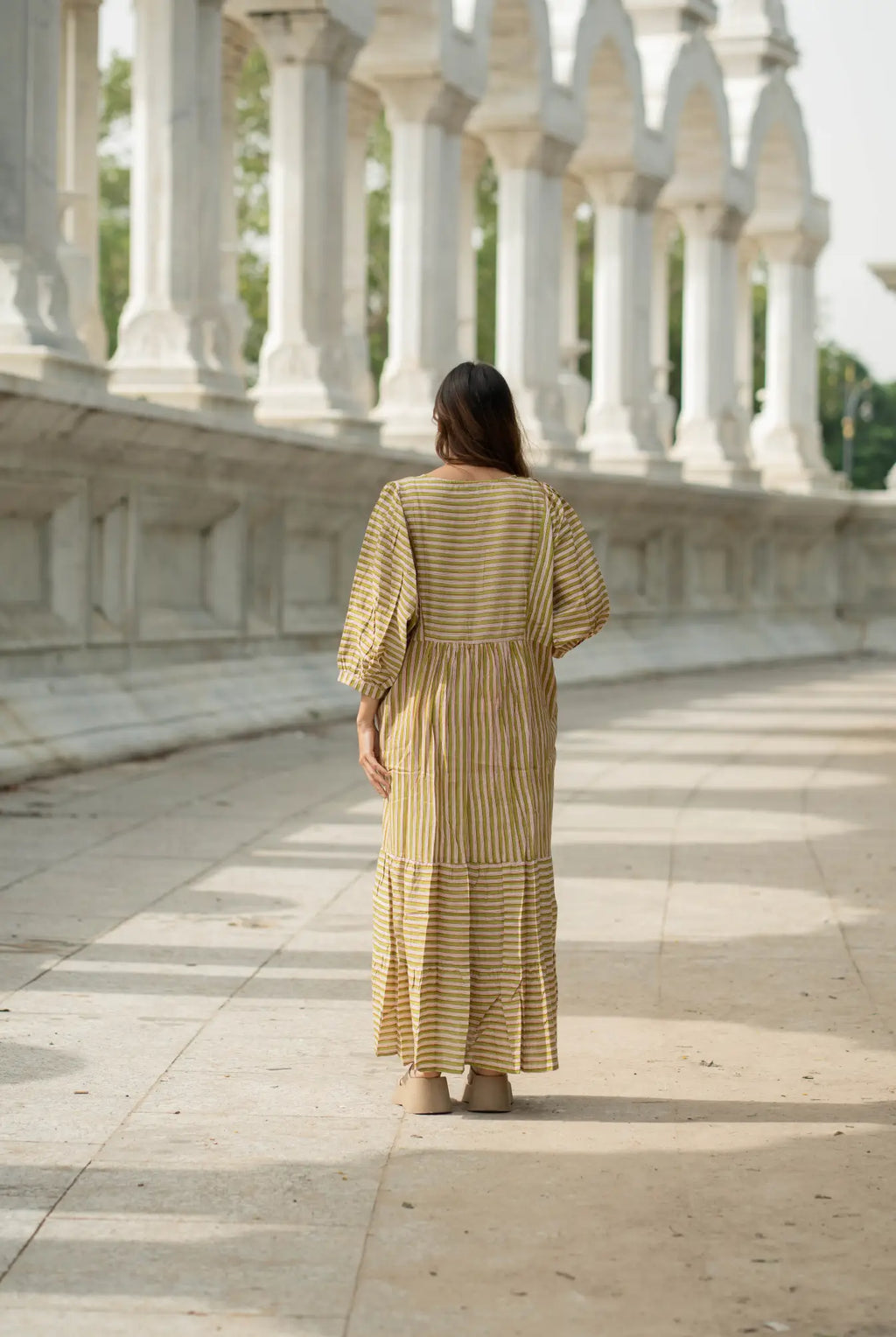 Women's block-printed Cotton Midi Dress in striped with pockets