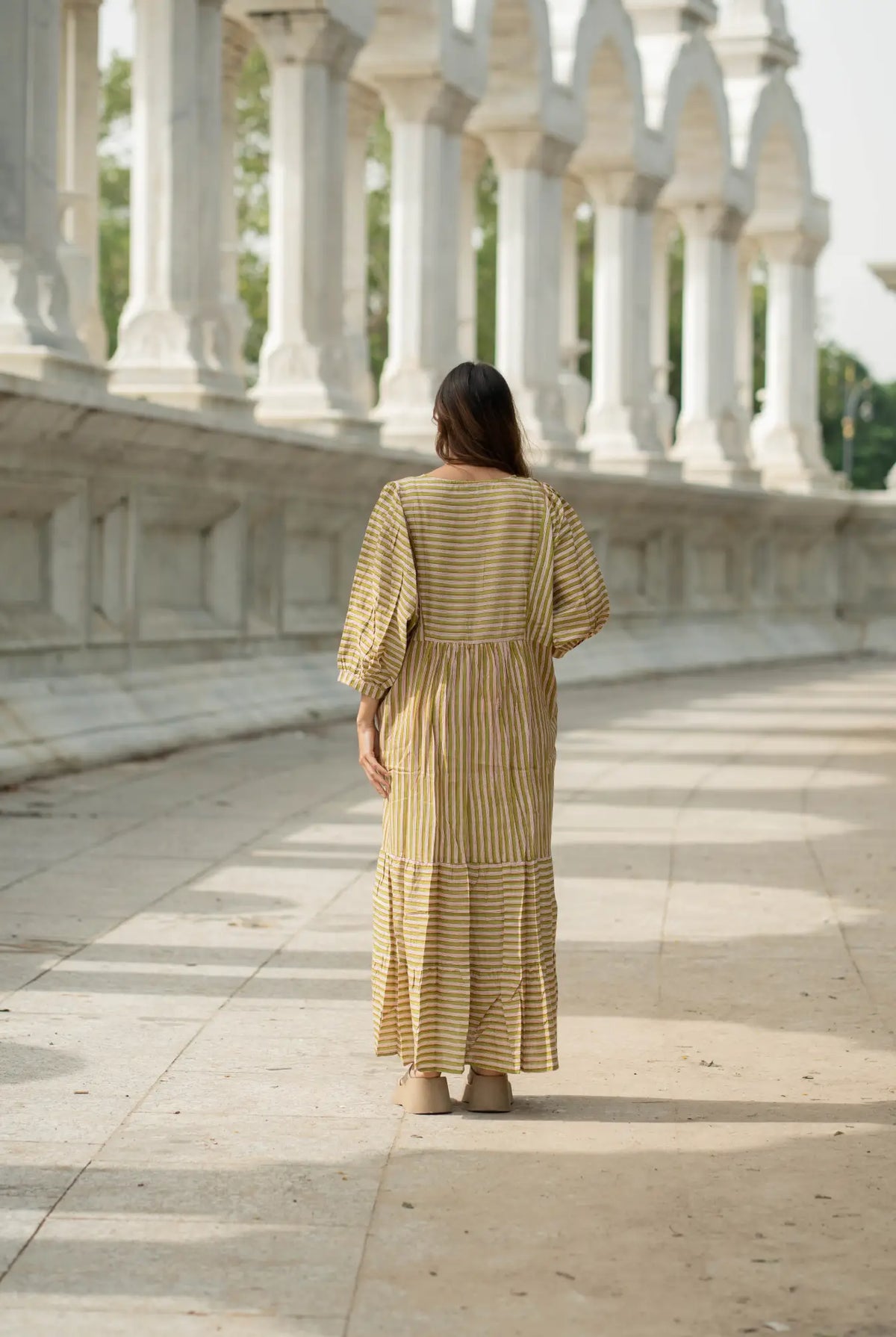 Women Cotton Midi Dress, Hand Block Printed Stripes Dress, Boho Chic Flowy Gown, Long Sleeves With Pockets, Flowy Sustainable Gift For Her