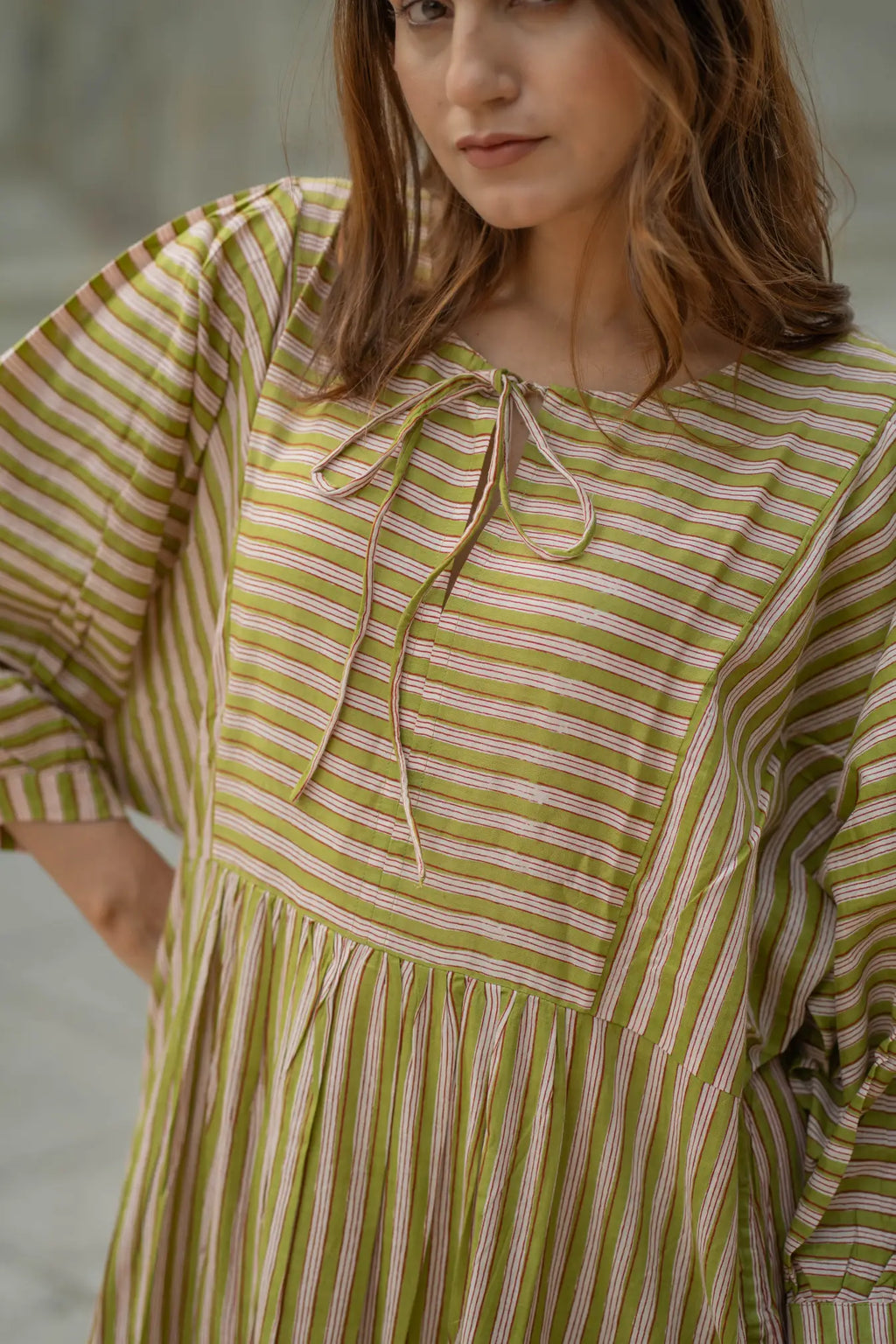 Women's block-printed Cotton Midi Dress in striped with pockets