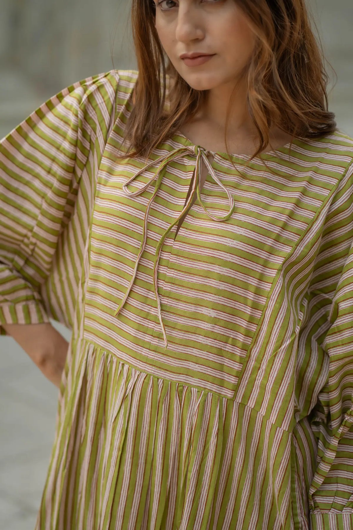 Women Cotton Midi Dress, Hand Block Printed Stripes Dress, Boho Chic Flowy Gown, Long Sleeves With Pockets, Flowy Sustainable Gift For Her