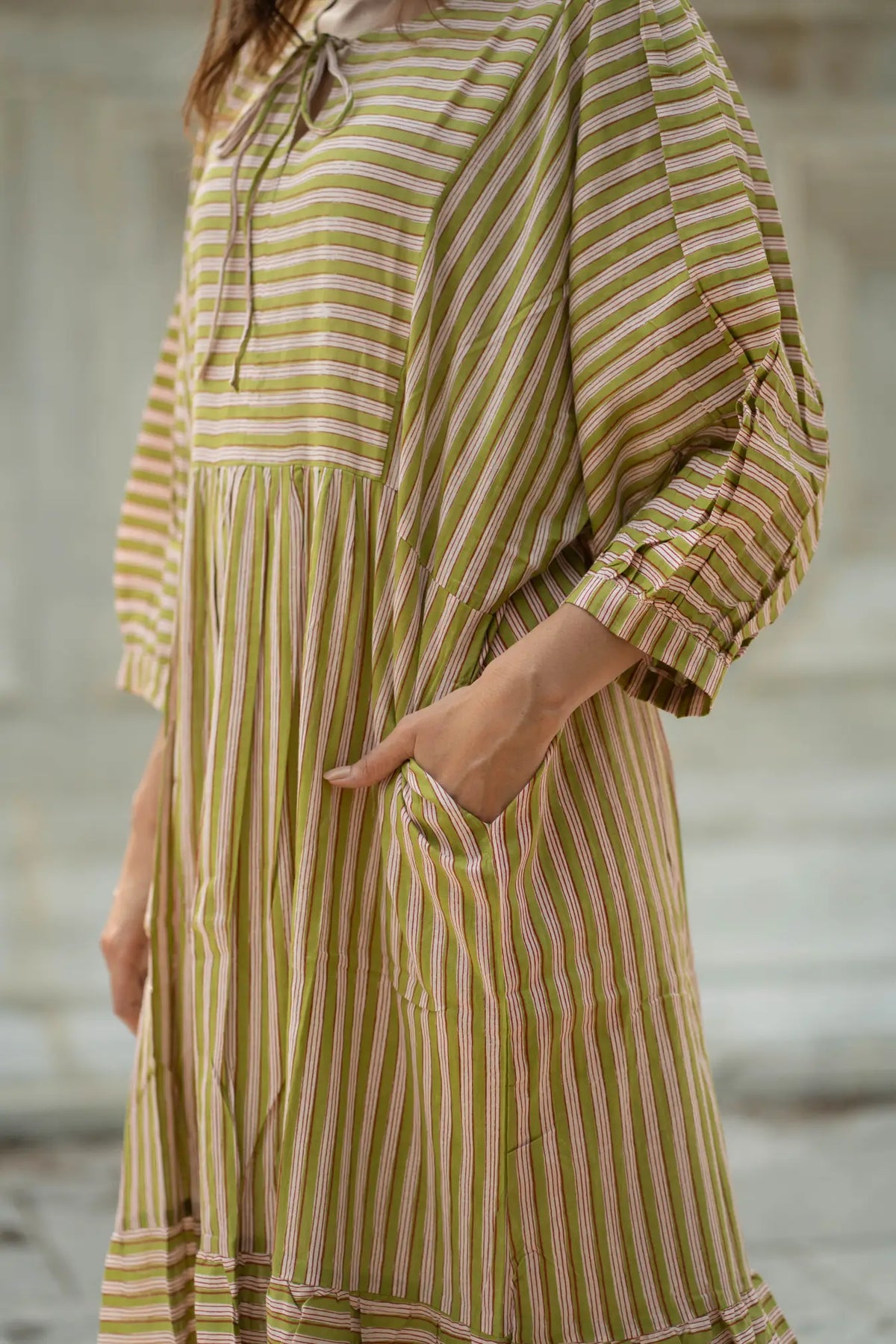 Women Cotton Midi Dress, Hand Block Printed Stripes Dress, Boho Chic Flowy Gown, Long Sleeves With Pockets, Flowy Sustainable Gift For Her