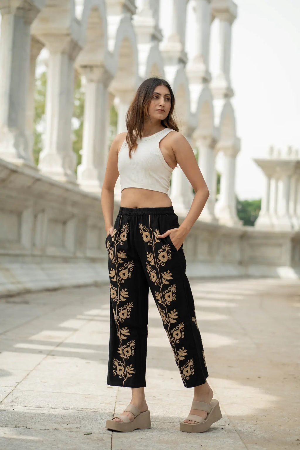 Women's Suzani embroidered Cotton Pajama Pants in floral