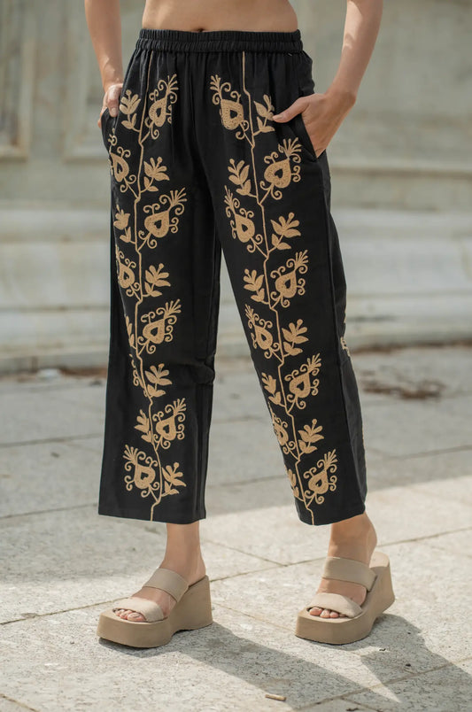 Cotton Suzani Embroidery Women Pajama | Hand Embroidered Floral Hippie Pant | Handcrafted Boho Loungewear Trouser One Size | Gift for Her