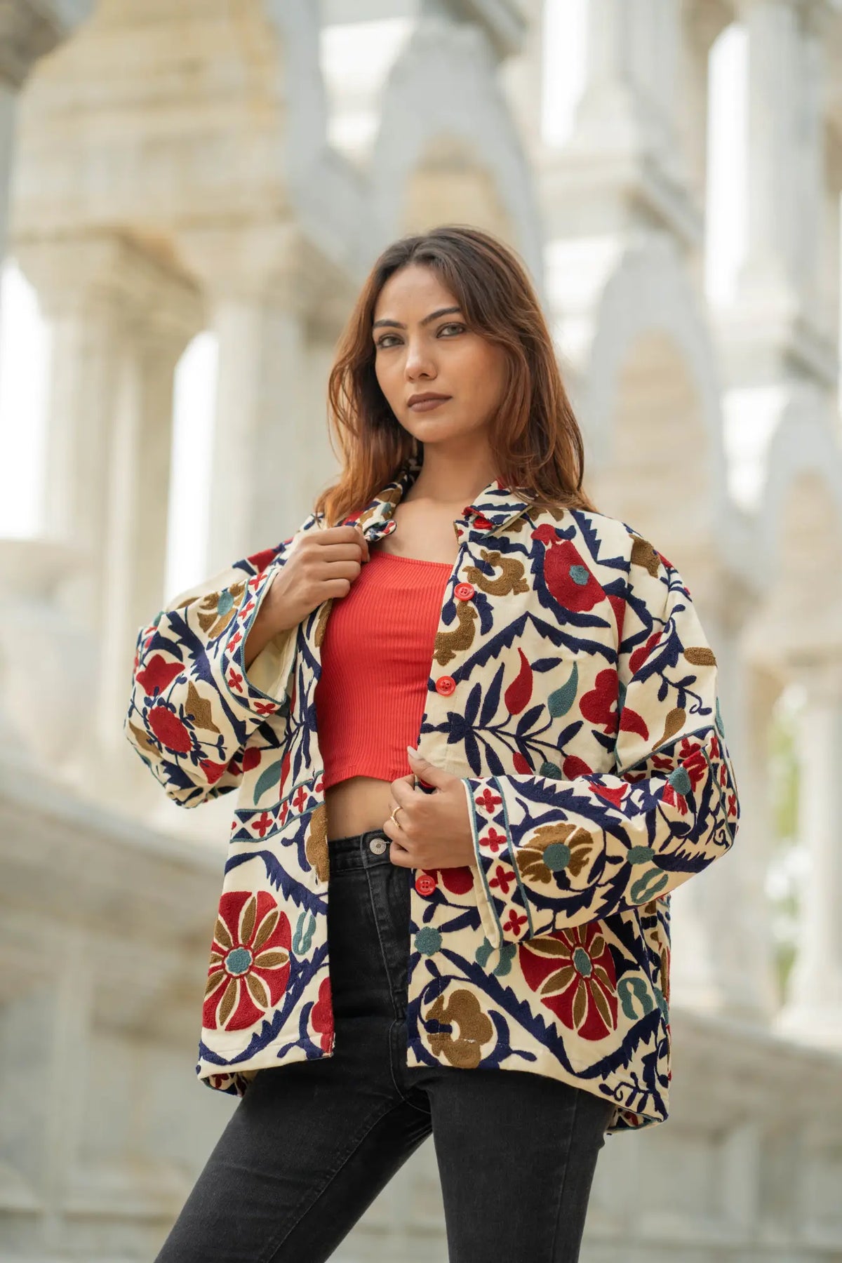 Cotton Suzani Embroidered Short Jacket | Autumn Winter Boho Gypsy | Artisan Hand Crafted Luxury Gift For Her | Olive Green Orange Outerwear