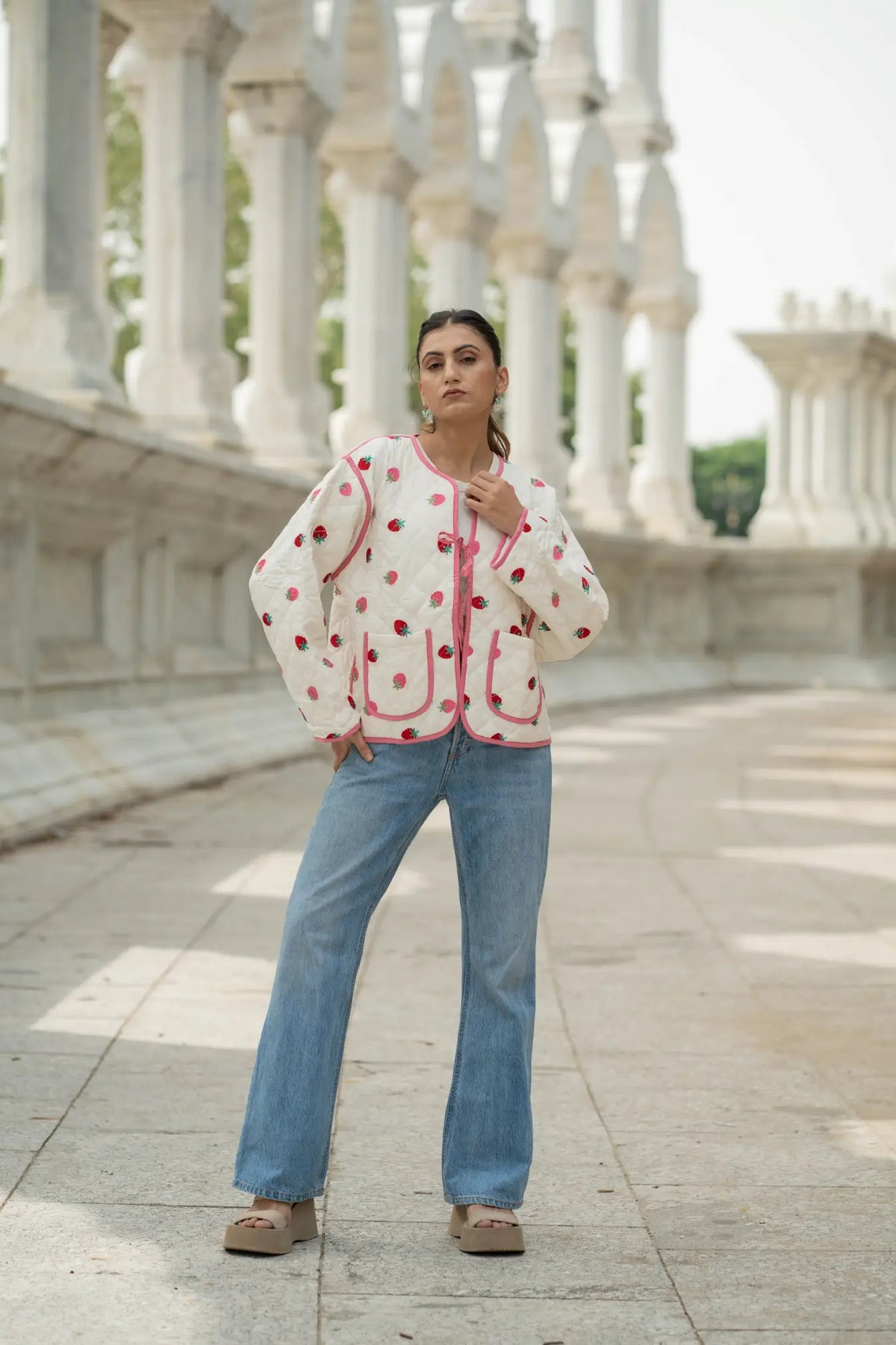 White Cotton Quilted Kantha Jacket | Boho Chic Short Suzani Kimono Coat Strawberry Embroidery, Handmade All Season Women Girl Gift Idea Her