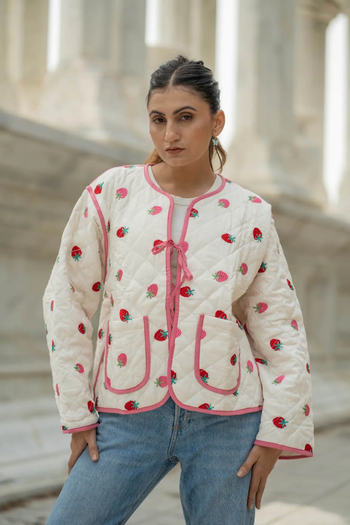 White Cotton Quilted Kantha Jacket | Boho Chic Short Suzani Kimono Coat Strawberry Embroidery, Handmade All Season Women Girl Gift Idea Her