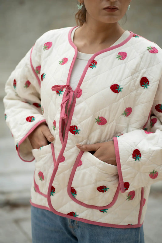 White Cotton Quilted Kantha Jacket | Boho Chic Short Suzani Kimono Coat Strawberry Embroidery, Handmade All Season Women Girl Gift Idea Her