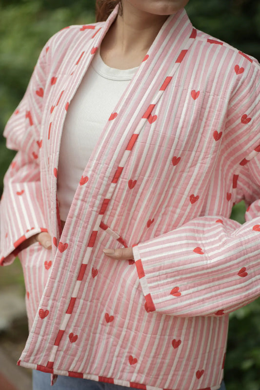 Quilted Pure Cotton Autumn Winter Jacket for Women | Quirky Handmade Boho Short Coat Pink Stripe, Heart Print Anniversary Love Gift for Her