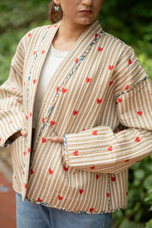 Quilted Pure Cotton Autumn Winter Jacket for Women | Quirky Handmade Boho Short Brown Stripe Coat, Heart Print Anniversary Love Gift for Her