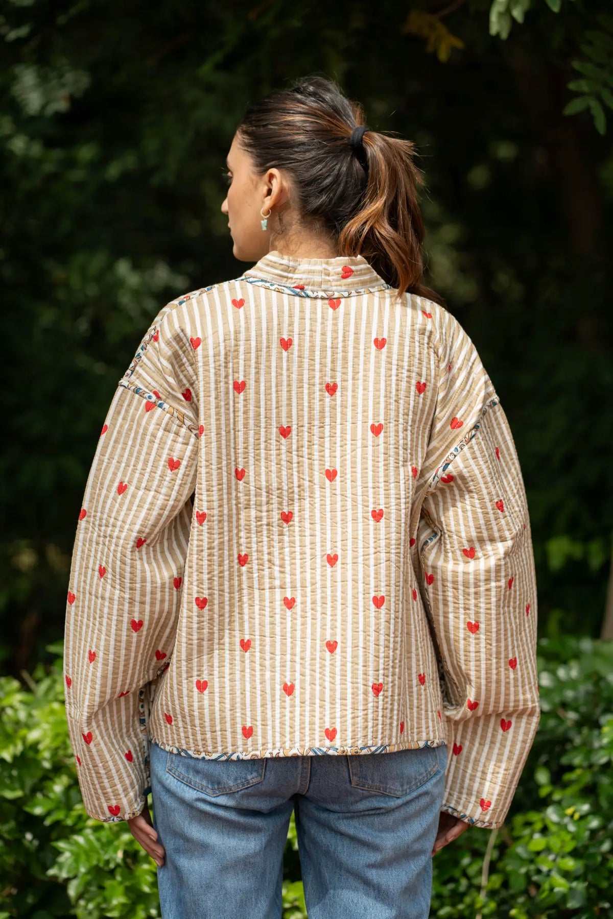 Quilted Pure Cotton Autumn Winter Jacket for Women | Quirky Handmade Boho Short Brown Stripe Coat, Heart Print Anniversary Love Gift for Her