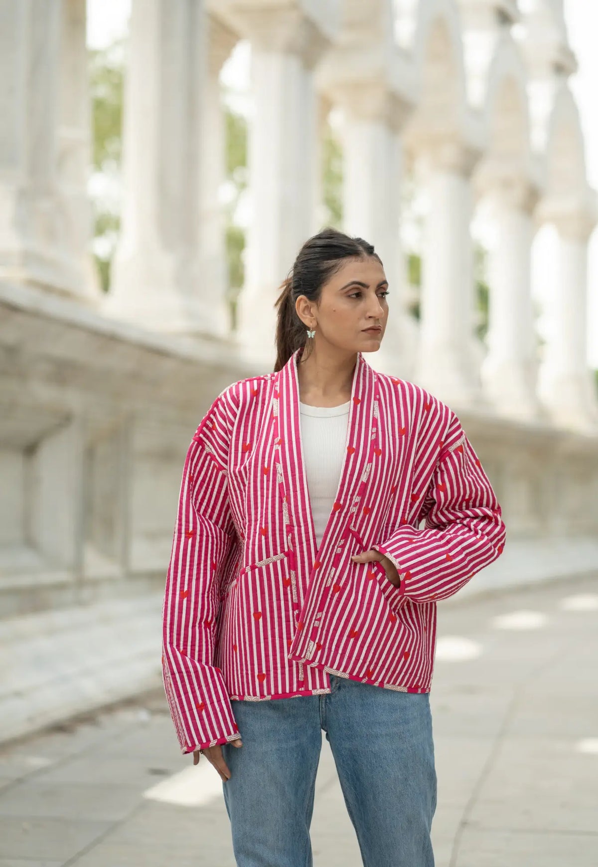 Quilted Short Bohemian Jacket for Women | Quirky Handmade Gray White Heart Print | Front Open Cotton Jacket | Anniversary  Love Gift for Her