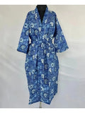 Women's block-printed Cotton Kimono Robe in blue botanical