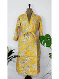 block-printed Cotton Kimono Robe in black yellow leaf