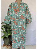 Women's block-printed Cotton Kimono Robe in turquoise peach botanical