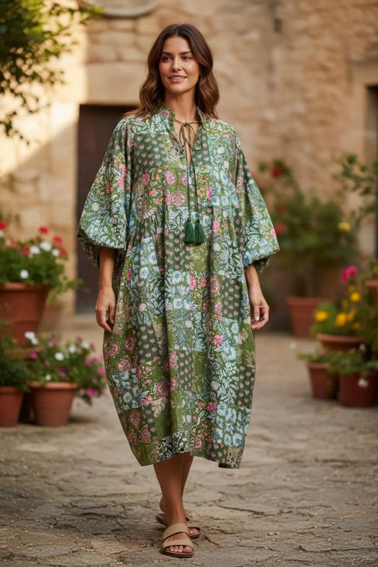 Green Patchwork Cotton Dress: Hand-Stitched Block Print, Fits XXL