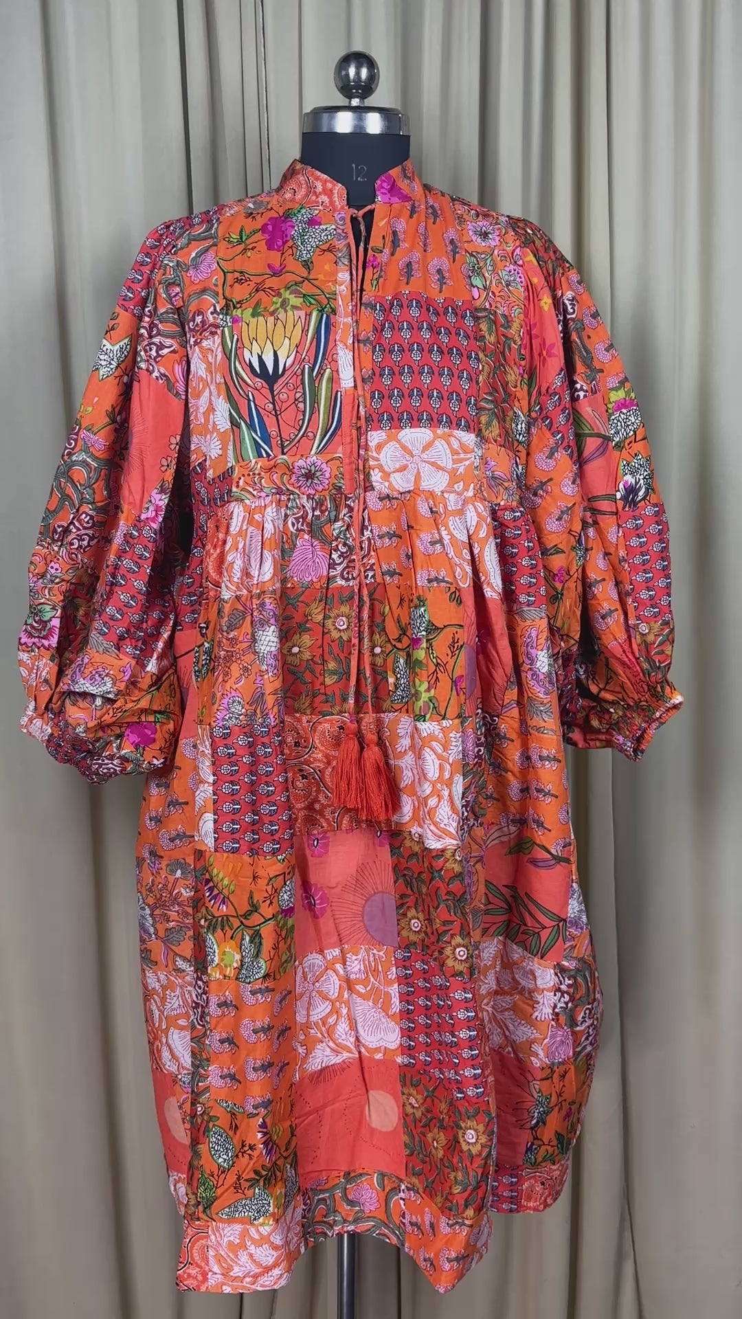 Orange Patchwork Cotton Dress: Hand-Stitched Block Print, Fits XXL