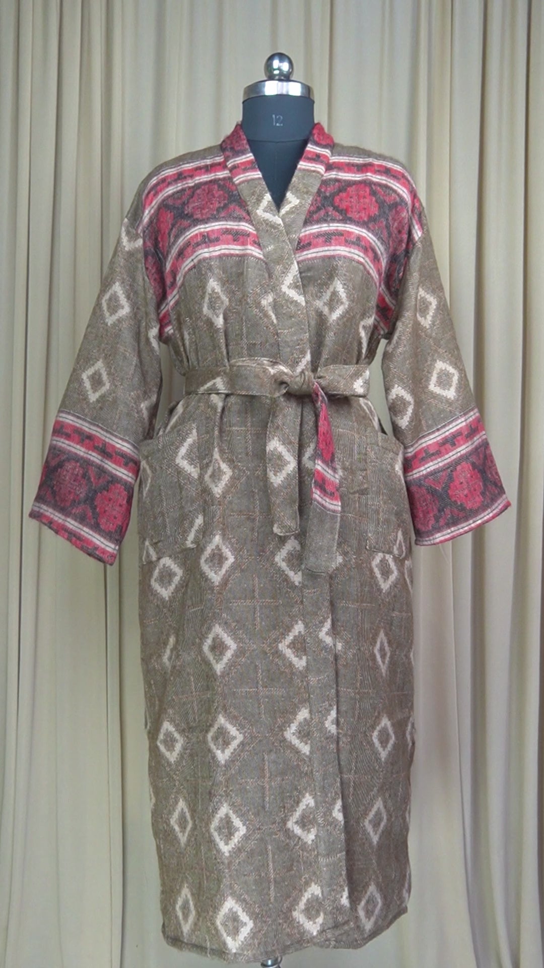 Yak Wool Blend Kimono Robe: Maroon Geometric Print, Warm Winter Wear