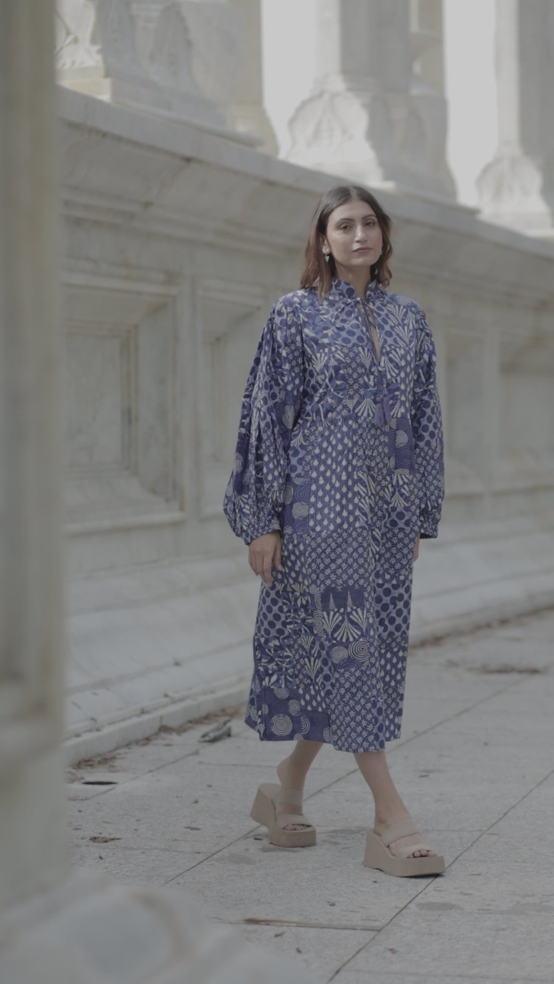 Blue Patchwork Cotton Dress: Hand-Stitched Block Print, Fits XXL