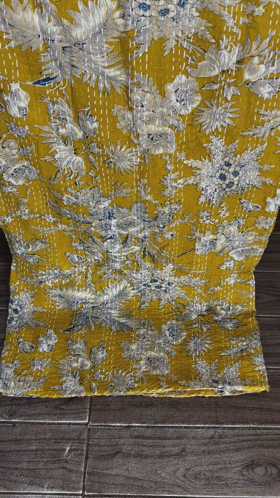 Pure Cotton Kantha Stitch Throw | Indian Hand Block Quilted King Size Bedspread/Sofa Cover Home Decor | Gardenia Reversible Print Yellow