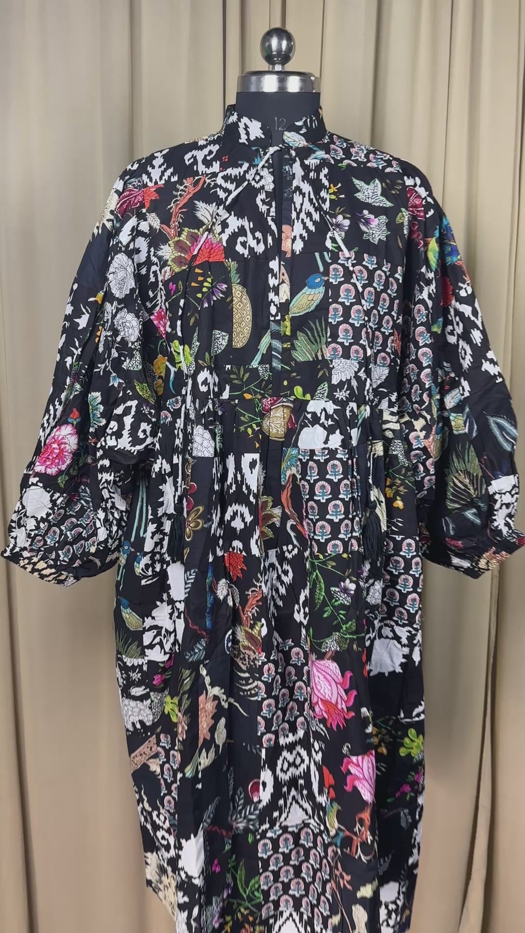 Black Patchwork Cotton Dress: Hand-Stitched Block Print, Fits XXL