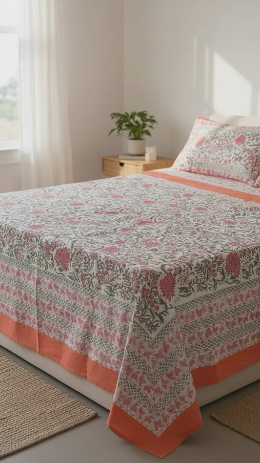 Pure Soft Cotton Bedsheet with Pillow Covers | Hand Block Printed Jaipuri Floral Bedspread Queen King Size Summer Boho Home Decor | Gift Set