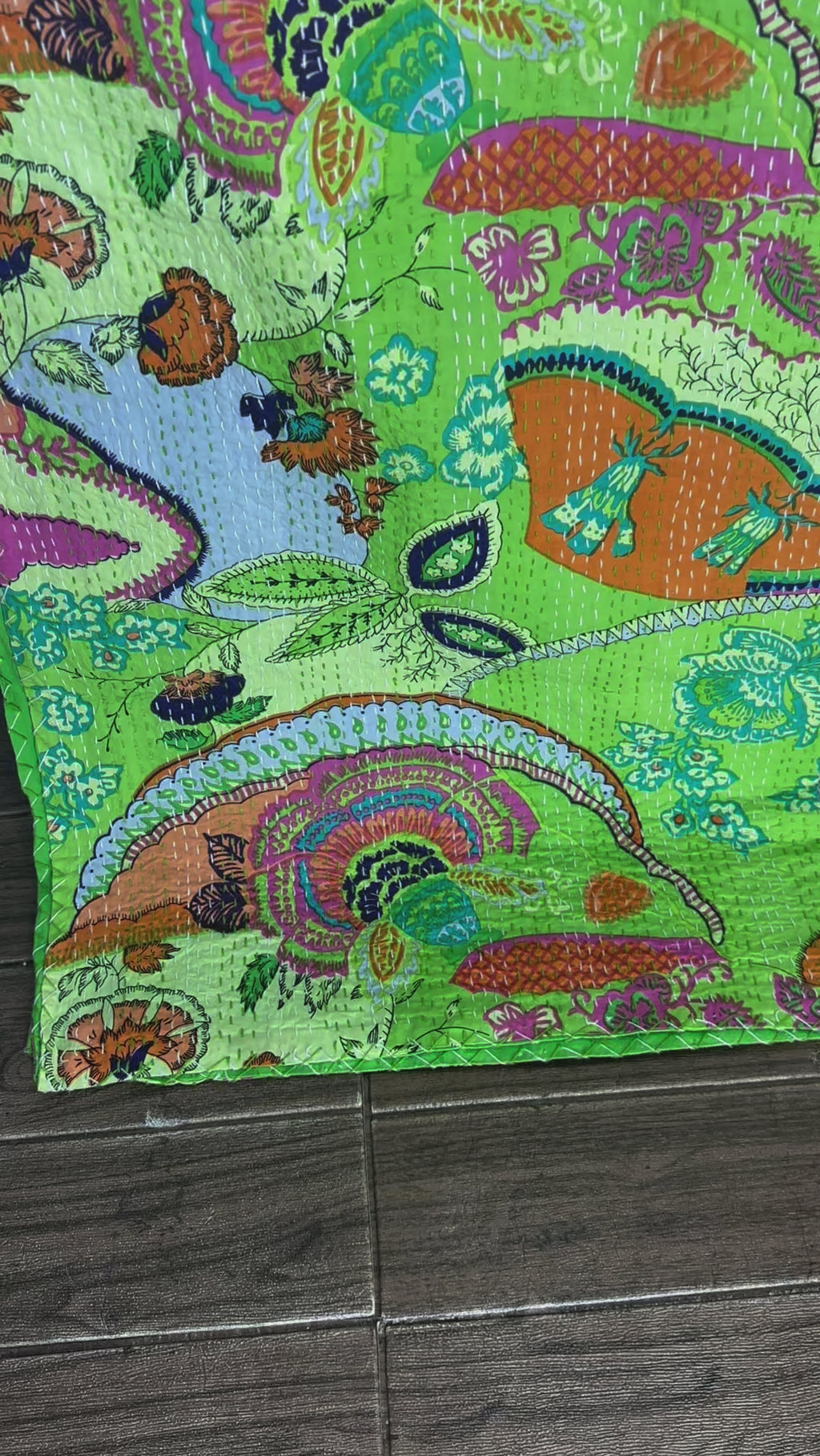 Pure Cotton Kantha Stitch Throw | Indian Hand Block Quilted King Size Bedspread/Sofa Cover Home Decor | Forest Reversible Print Green