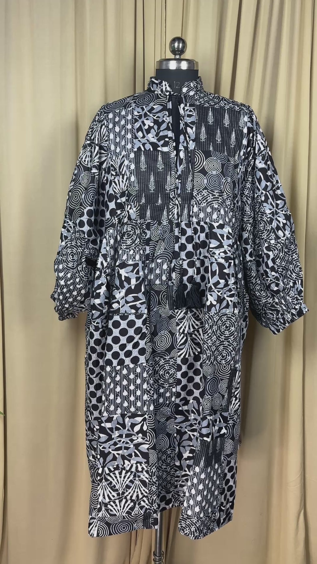 Black Patchwork Cotton Dress: Hand-Stitched Block Print, Fits XXL