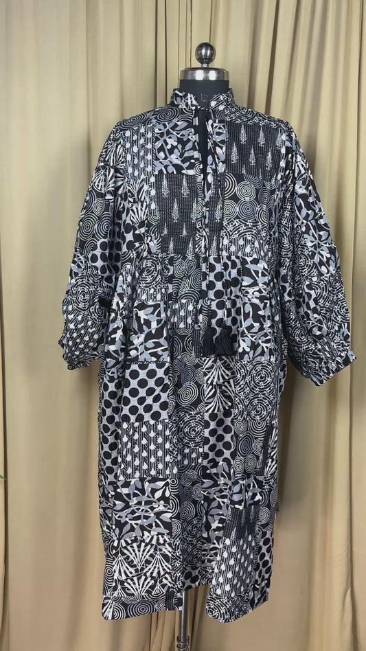 Black Patchwork Cotton Dress: Hand-Stitched Block Print, Fits XXL