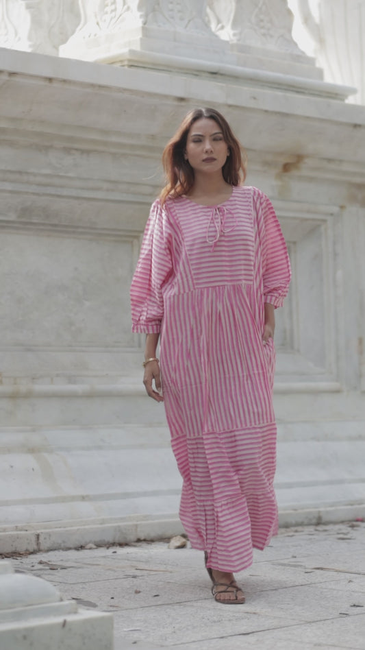 Cotton Midi Dress Stripe Hand Block Print | Boho Oversized Long Sleeves Loose Fit Dress with Pockets, Artisan Style Bridesmaid Gift for Her