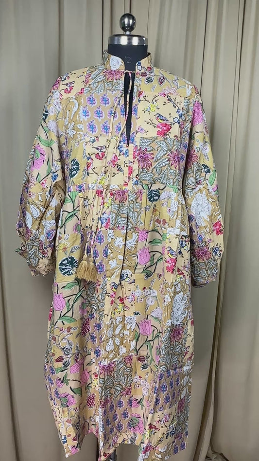 Beige Patchwork Cotton Dress: Hand-Stitched Block Print, Fits XXL