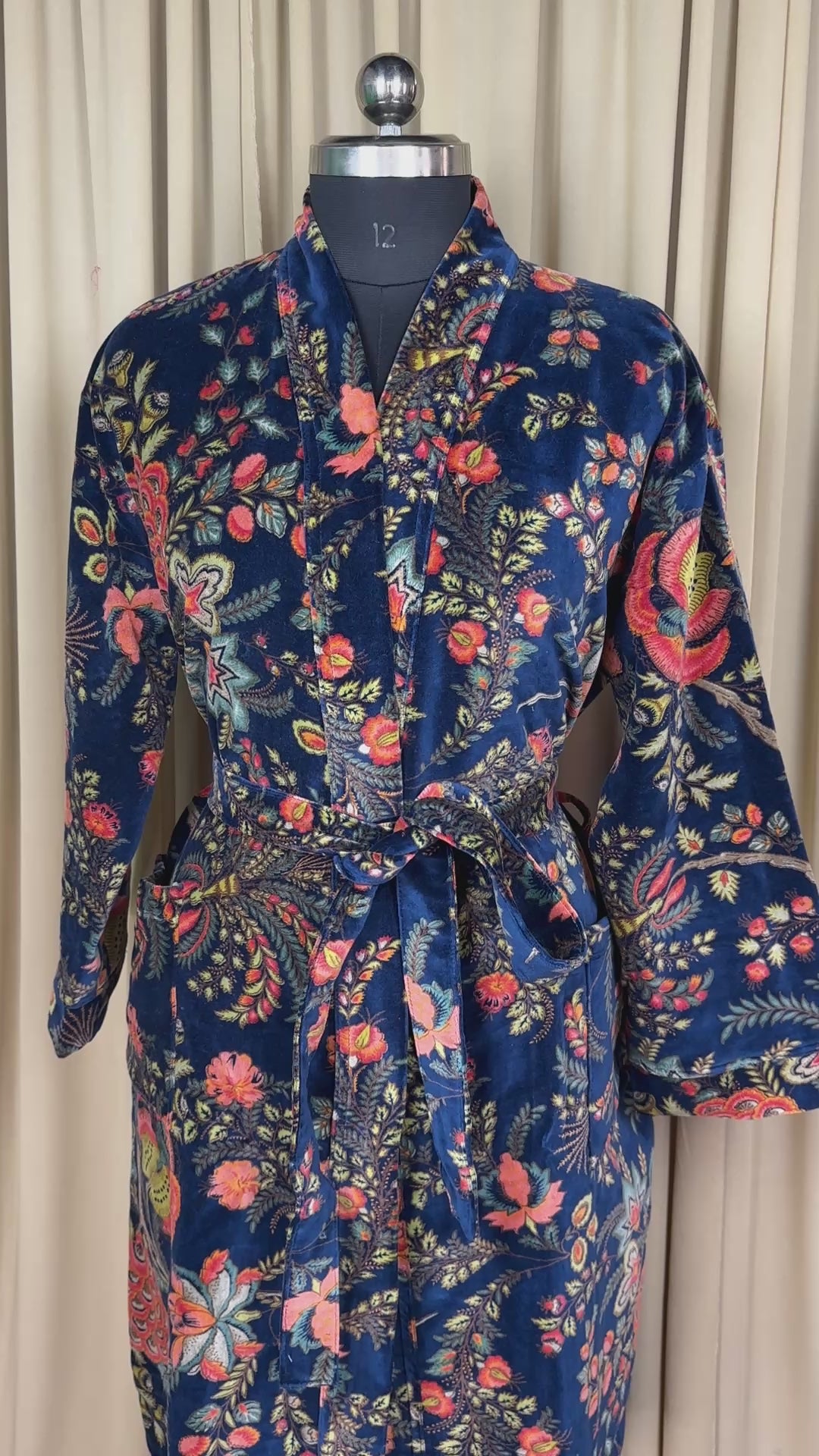 Luxury Velvet Kimono Unisex House Robe | Boho Jacket Autumn Winter Christmas Gift Elegant Reversible Silk Lined | Quirky Gown Blue Floral