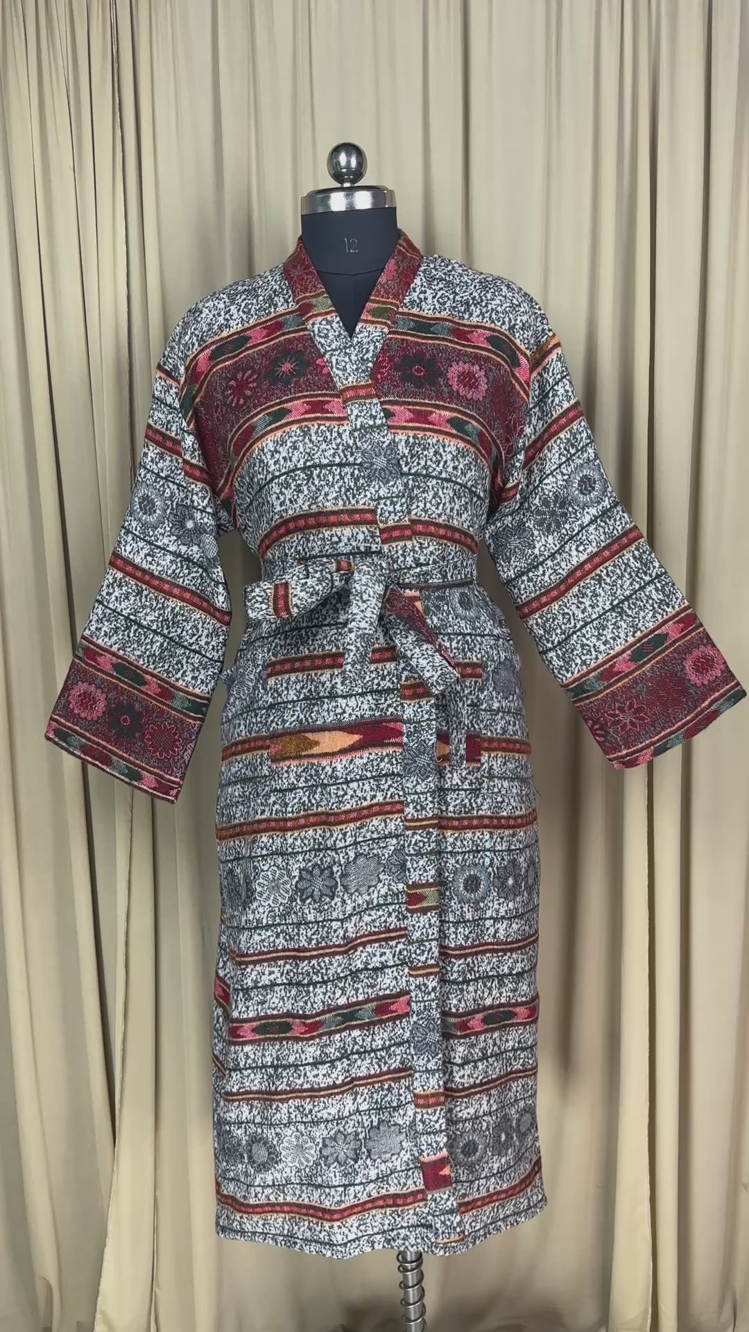 Yak Wool Blend Women Kimono Robe | Cozy Warm Winter Romance Loungewear, White Stripe Cardigan House Coat with Pockets, Quirky Christmas Gift