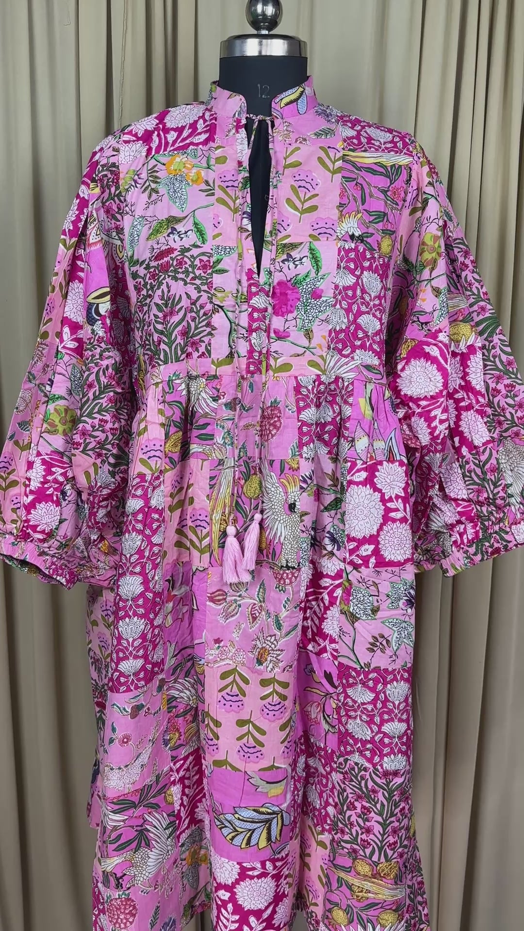 Pink Patchwork Cotton Dress: Hand-Stitched Block Print, Fits XXL