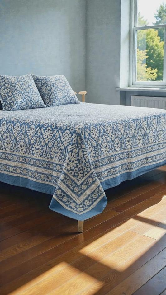 Pure Soft Cotton Bedsheet with Pillow Covers | Hand Block Printed Jaipuri Floral Bedspread Queen King Size Summer Bedding | Mughal Dream Art