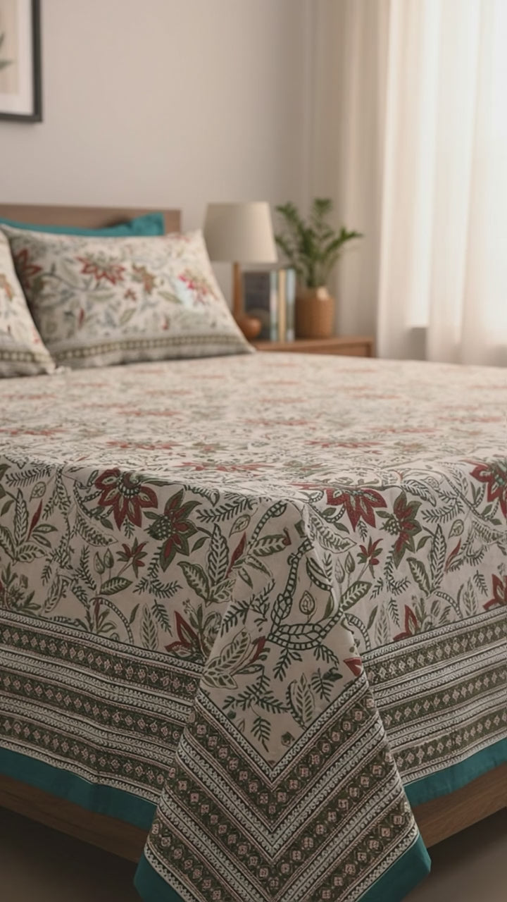 Pure Soft Cotton Bedsheet with Pillow Covers | Hand Block Printed Jaipuri Floral, Queen King Size, Summer Bedspread, Boho Gift Set Decor Art