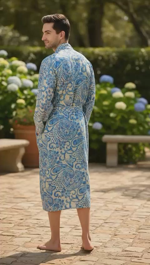 Boho Men's Soft Silk Kimono, Man Regal House Beach Robe, Floral Persian King Elegant Beige Blue Hues Beach Cover Up, Perfect Gift for Dad