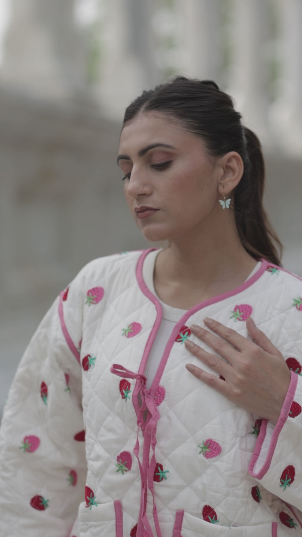 White Cotton Quilted Kantha Jacket | Boho Chic Short Suzani Kimono Coat Strawberry Embroidery, Handmade All Season Women Girl Gift Idea Her