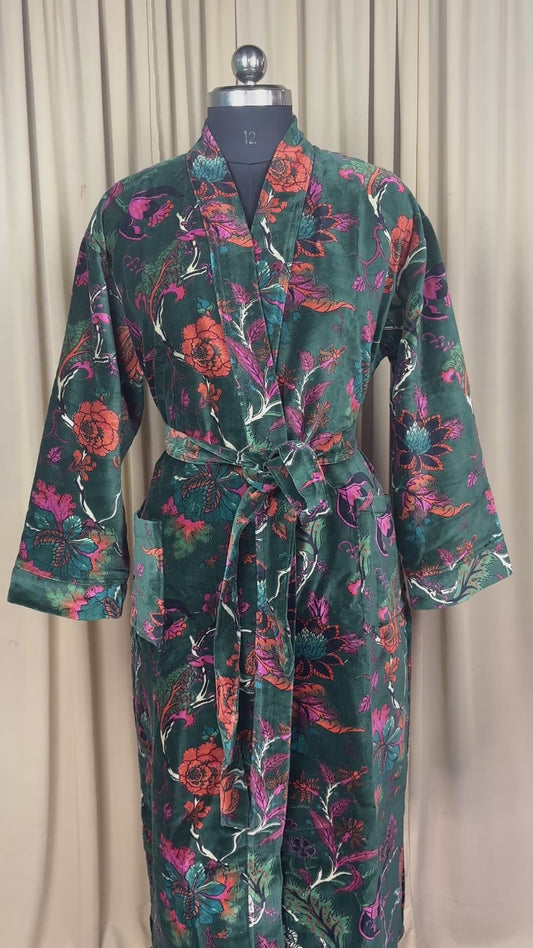 Luxury Velvet Kimono Unisex House Robe | Boho Jacket Autumn Winter Christmas Gift Elegant Reversible Silk Lined | Quirky Gown Green Floral