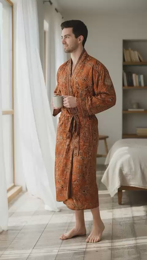 Boho Men's Soft Silk Kimono, Man Regal House Beach Robe, Floral Persian King Elegant Brown Orange Hues Beach Cover Up, Perfect Gift for Dad
