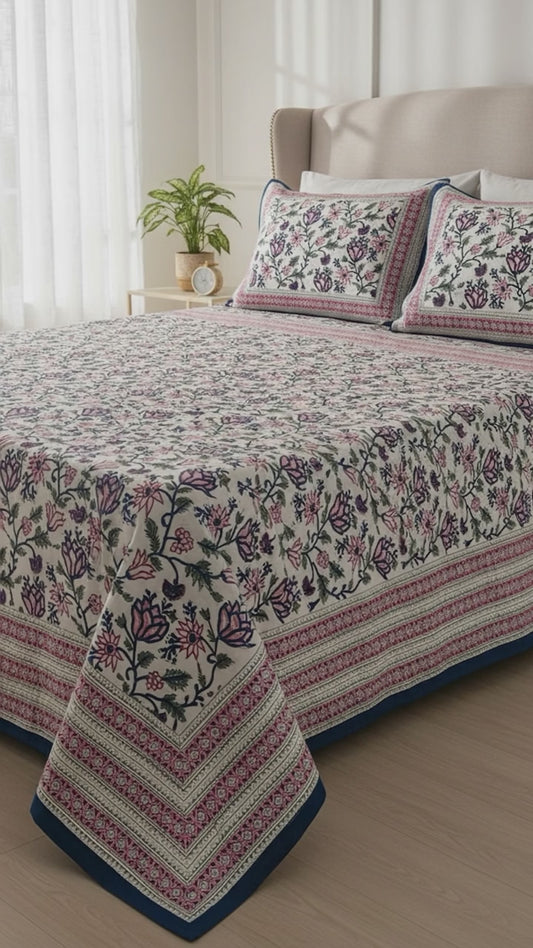 Pure Soft Cotton Bedsheet with Pillow Covers | Hand Block Printed Jaipuri Floral Bedspread Queen King Size Summer Garden Bedding, Mughal Art