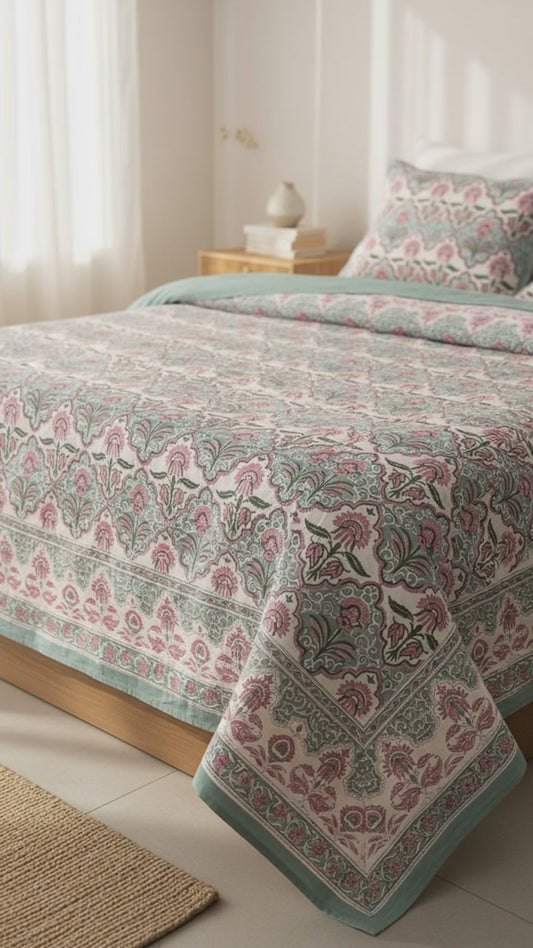 Pure Soft Cotton Bedsheet Set with Pillow Covers | Jaipuri Hand Block Floral,Queen/King Size Summer Bedspread | Boho Home Decor Luxury Gifts