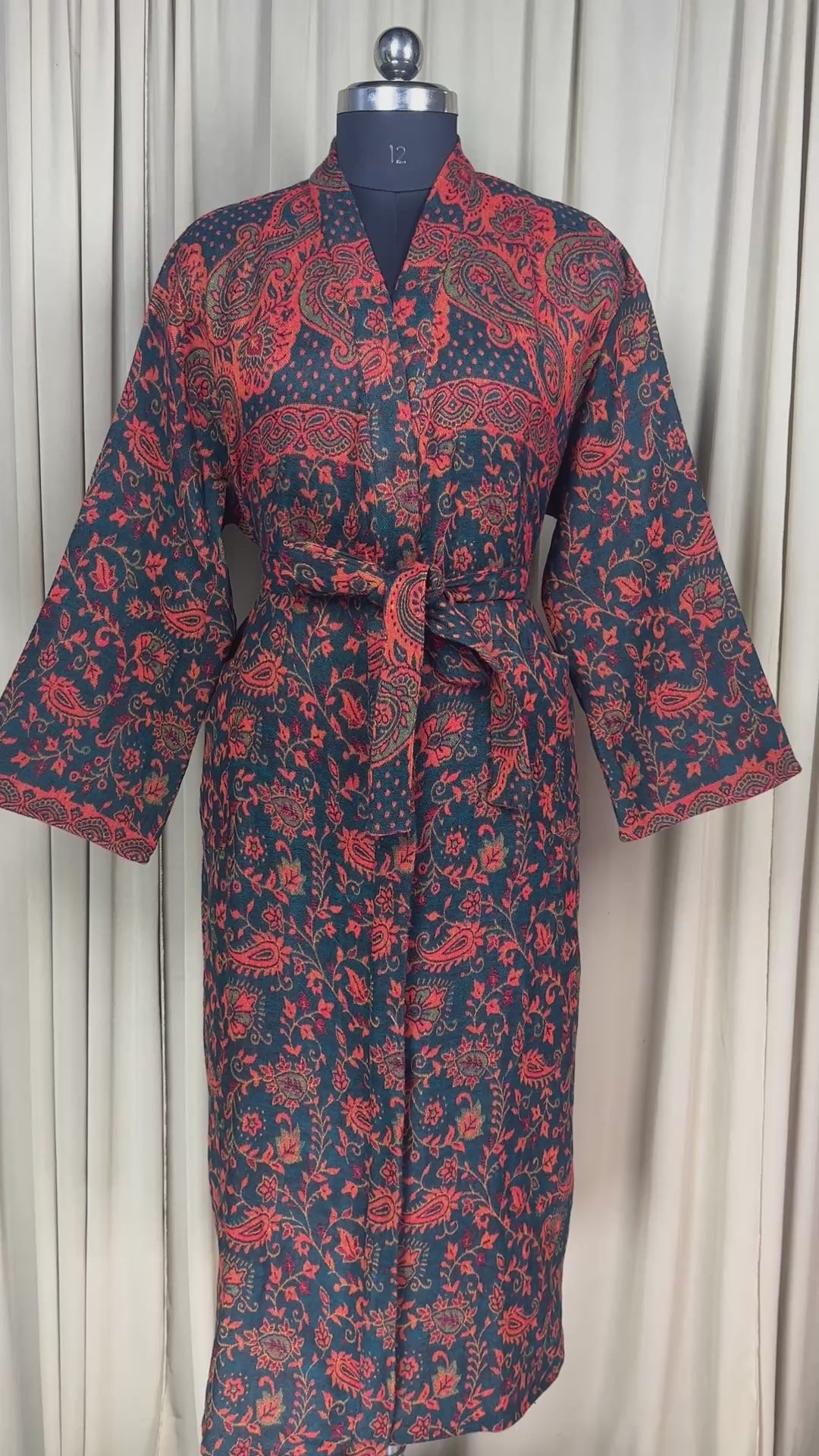 Yak Wool Blend Women Kimono Robe, Cozy Warm Winter Romance Loungewear, Green Paisley Cardigan House Coat with Pockets, Quirky Christmas Gift