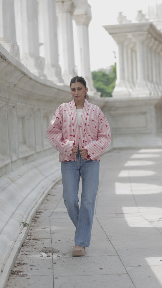 Quilted Pure Cotton Autumn Winter Jacket for Women | Quirky Handmade Boho Short Coat Pink Stripe, Heart Print Anniversary Love Gift for Her