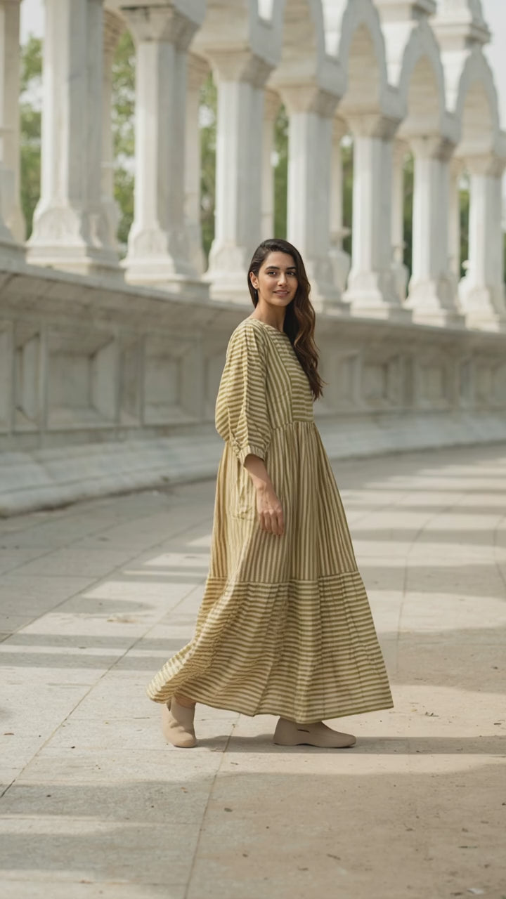 Women Cotton Midi Dress, Hand Block Printed Stripes Dress, Boho Chic Flowy Gown, Long Sleeves With Pockets, Flowy Sustainable Gift For Her