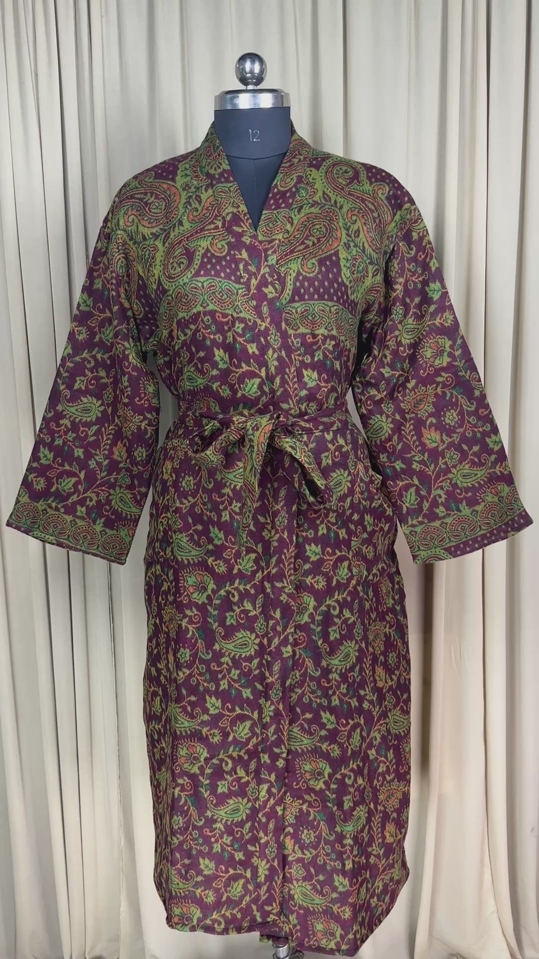 Yak Wool Blend Kimono Robe: Maroon Paisley Print, Warm Winter Wear