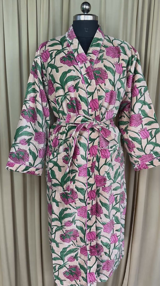 Luxury Velvet Kimono Unisex House Robe | Boho Jacket Autumn Winter Christmas Gift Elegant Reversible Silk Lined | Quirky Gown Beige Floral