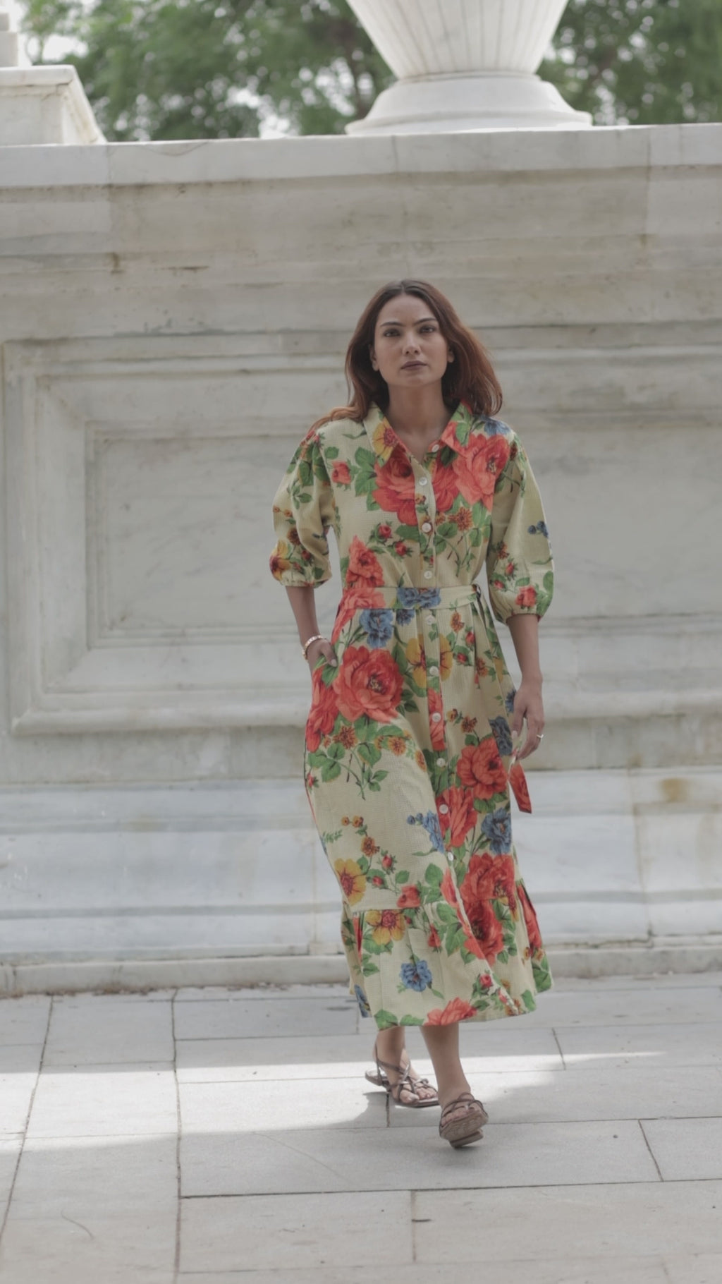 Handblock Printed Cotton Waffle Dress for Women, Floral Boho Midi Long Summer Tunic | Soft Color, Button Closure | Ethical Gift for Her Mom